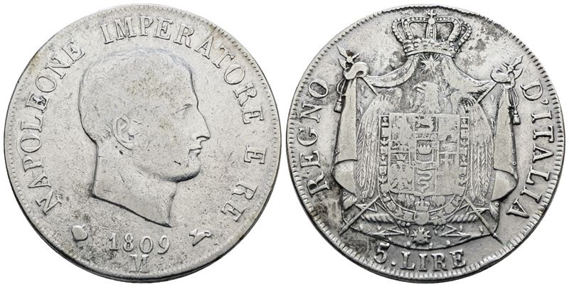 Moneta italiana, 5 lire 1809, Napoleone I (1805-1814), Argento, 25 gr, Gig. 100