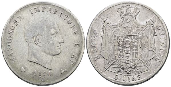 MILANO. Regno d'Italia. Napoleone I (1805-1814). 5 lire 1810. Ag; 25gr; Gig.106; RRR; BB+