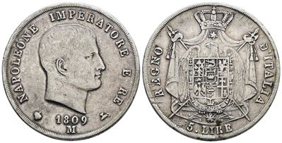 Napoleone I, Moneta da 5 lire del Regno d'Italia (1809), argento