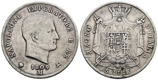 MILANO. Regno d'Italia. Napoleone I (1805-1814). 5 lire 1809. Ag; 25gr; Gig.104; Raro; Q.BB