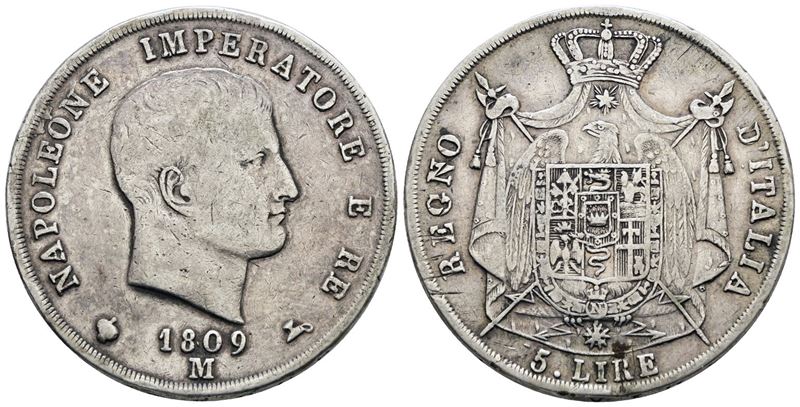 Napoleone I, Moneta da 5 lire del Regno d'Italia (1809), argento