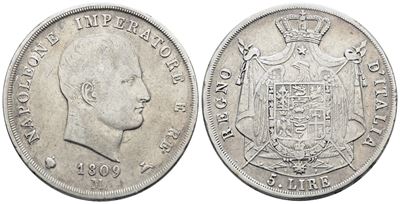 Regno d'Italia, 5 lire Napoleone I (1809), argento, 25 gr