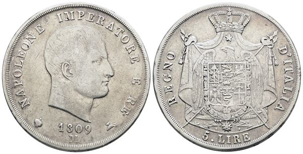 MILANO. Regno d'Italia. Napoleone I (1805-1814). 5 lire 1809. Ag; 25gr; Gig.104; BB