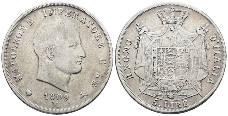 Regno d'Italia, 5 lire Napoleone I (1809), argento, 25 gr