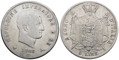 Milano. Regno d'Italia. Napoleone I, 5 lire 1808, Argento, 25 gr.