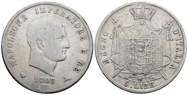 MILANO. Regno d'Italia. Napoleone I (1805-1814). 5 lire 1808. Ag; 25gr; Gig.103; BB