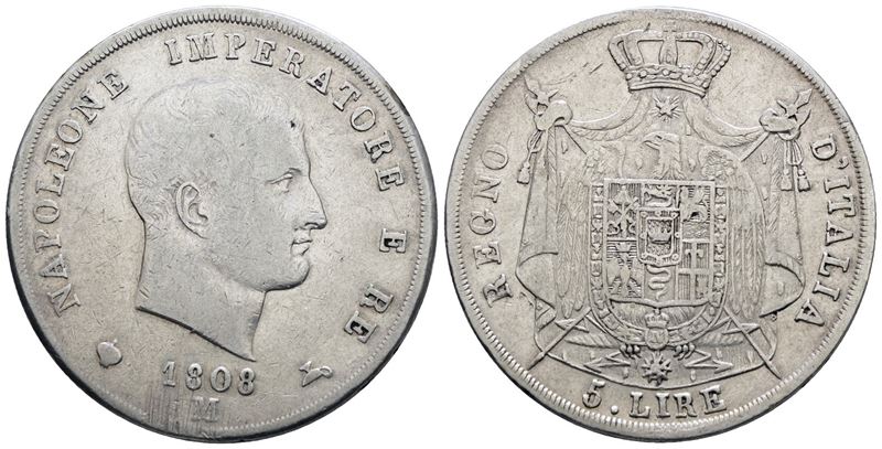 Milano. Regno d'Italia. Napoleone I, 5 lire 1808, Argento, 25 gr.