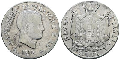 Moneta Italiana, 5 lire del Regno d'Italia, Napoleone I (1808) in argento