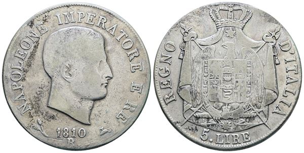 BOLOGNA. Regno d'Italia. Napoleone I (1805-1814). 5 lire 1808. Ag; 25gr; Gig.101; Raro; MB+