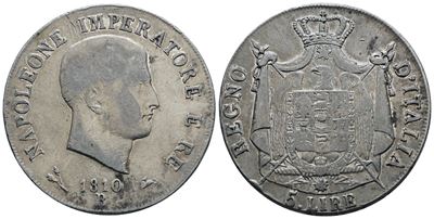 Napoleone I, 5 lire 1808, Regno d'Italia, argento