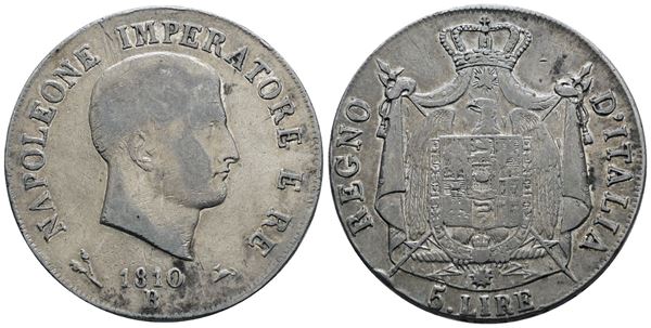 BOLOGNA. Regno d'Italia. Napoleone I (1805-1814). 5 lire 1808. Ag; 25gr; Gig.101; Raro; BB