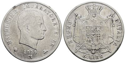 Napoleone I, 5 lire 1814 'puntali sagomati', Regno d'Italia