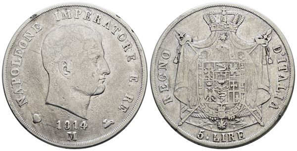 MILANO. Regno d'Italia. Napoleone I (1805-1814). 5 lire 1814 "puntali sagomati". Ag; 25gr; Gig.124; Q.BB