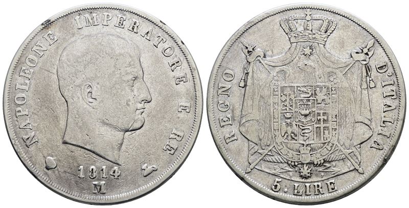 Napoleone I, 5 lire 1814 'puntali sagomati', Regno d'Italia