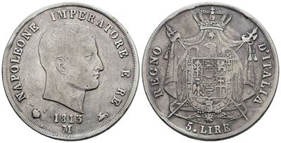 Regno d'Italia, Napoleone I, 5 lire 1813 'puntali aguzzi', Argento, 25g