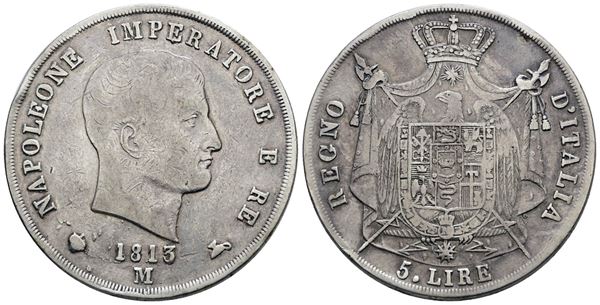 MILANO. Regno d'Italia. Napoleone I (1805-1814). 5 lire 1813 "puntali aguzzi". Ag; 25gr; Gig.115; Raro; Q.BB