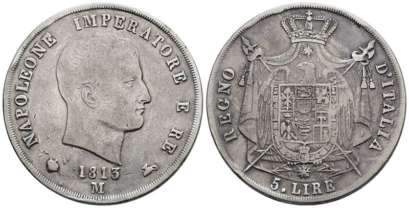 Regno d'Italia, Napoleone I, 5 lire 1813 'puntali aguzzi', Argento, 25g