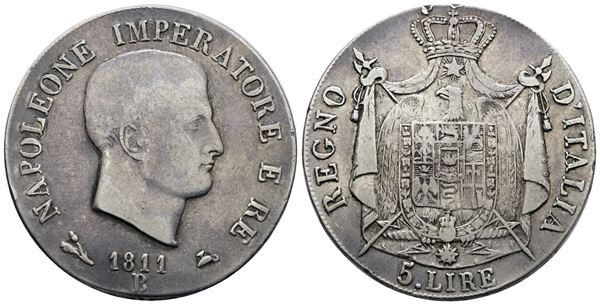 BOLOGNA. Regno d'Italia. Napoleone I (1805-1814). 5 lire 1810 I tipo. Ag; 25gr; Gig.102; Raro; BB