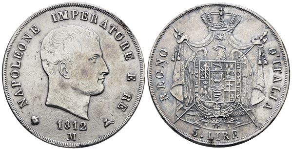 MILANO. Regno d'Italia. Napoleone I (1805-1814). 5 lire 1812 "puntali aguzzi". Ag; 25gr; Gig.112; BB