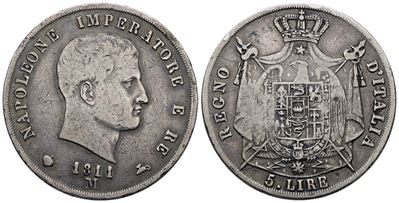 MILANO, Moneta da 5 lire di Napoleone I, 1811, Argento