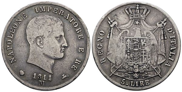 MILANO. Regno d'Italia. Napoleone I (1805-1814). 5 lire 1811. Ag; 25gr; Gig.109; MB