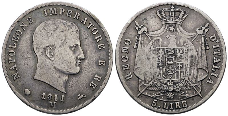 MILANO, Moneta da 5 lire di Napoleone I, 1811, Argento