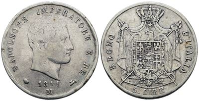 Regno d'Italia, Napoleone I, 5 Lire 1811, argento, 25 gr, Gig. 109