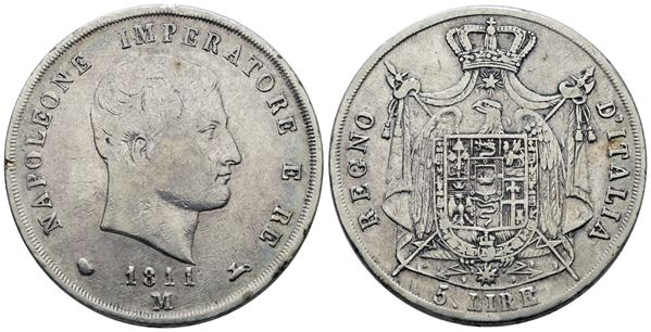 MILANO. Regno d'Italia. Napoleone I (1805-1814). 5 lire 1811. Ag; 25gr; Gig.109; MB/BB