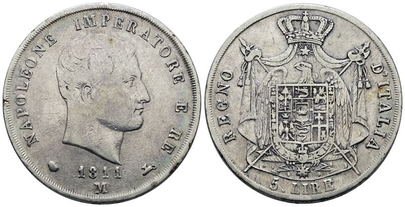 Regno d'Italia, Napoleone I, 5 Lire 1811, argento, 25 gr, Gig. 109