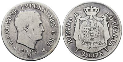 Napoleone I, 2 lire 1807 "data con cifre spaziate"