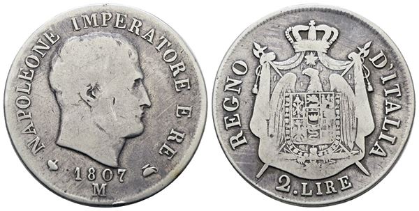 MILANO. Regno d'Italia. Napoleone I (1805-1814). 2 lire 1807 "data con cifre spaziate". Ag; 10gr; Gig.125a; RR; MB
