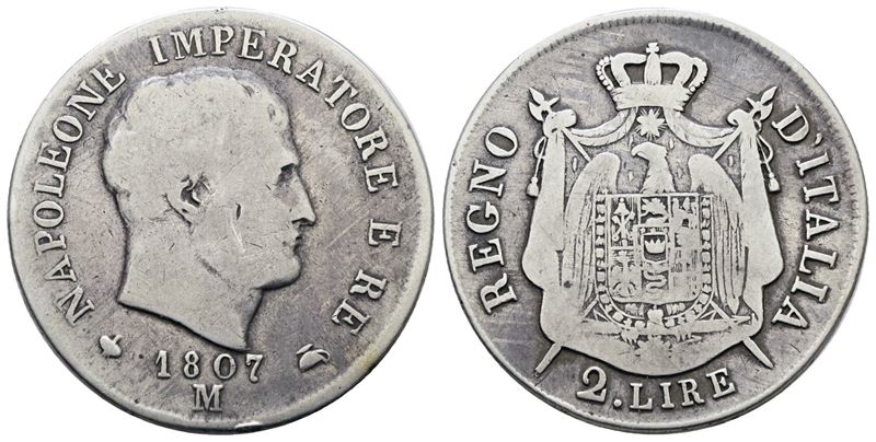 Napoleone I, 2 lire 1807 "data con cifre spaziate"