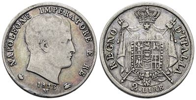 Napoleone I, Moneta da 2 lire del Regno d'Italia, 1813, Ag, 10 gr, Gig. 137