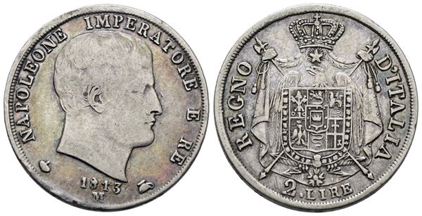 MILANO. Regno d'Italia. Napoleone I (1805-1814). 2 lire 1813. Ag; 10gr; Gig.137; Raro; QBB