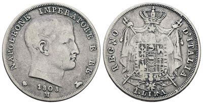 Napoleone I, 1 lira 1808, Regno d'Italia, Ag 5gr, Gig.151