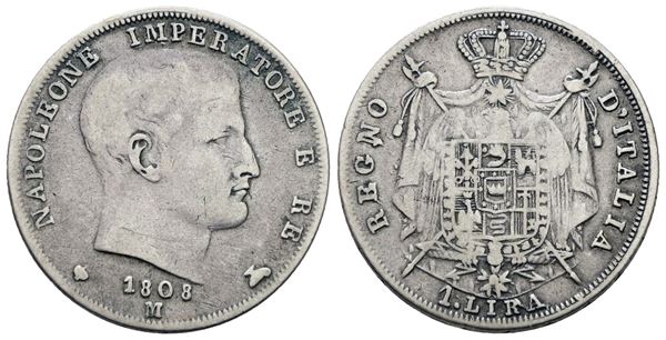 MILANO. Regno d'Italia. Napoleone I (1805-1814). 1 lira 1808. Ag; 5gr; Gig.151; Raro; MB/BB