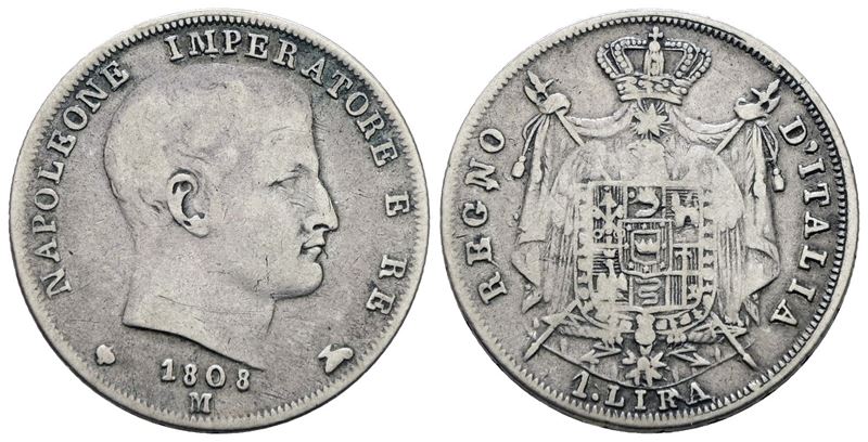 Napoleone I, 1 lira 1808, Regno d'Italia, Ag 5gr, Gig.151