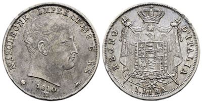 Napoleone I, 1 lira 1810, Regno d'Italia, Ag, 5 gr