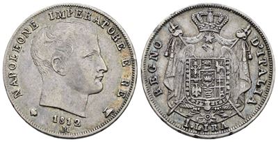 Moneta Italiana, 1 lira 1812 - Napoleone I (1805-1814), puntali aguzzi