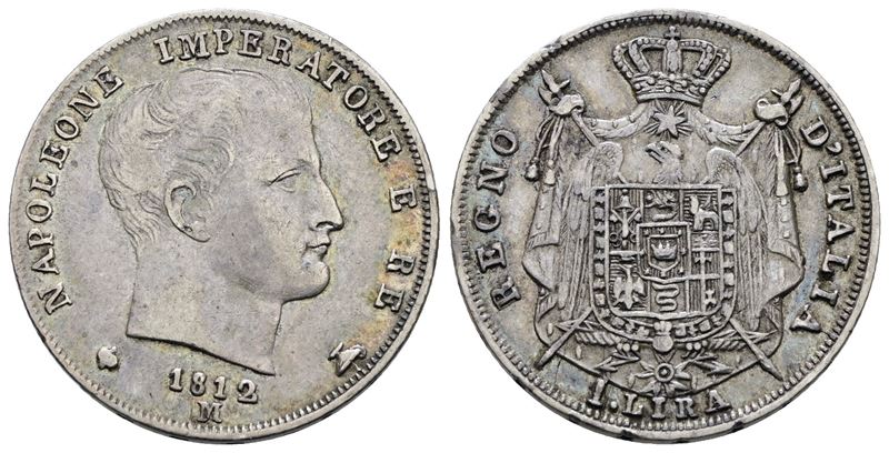 Moneta Italiana, 1 lira 1812 - Napoleone I (1805-1814), puntali aguzzi