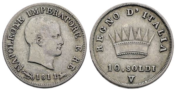 VENEZIA. Regno d'Italia. Napoleone I (1805-1814). 10 soldi 1811. Ag; 2,5gr; Gig.179; RRR; BB+