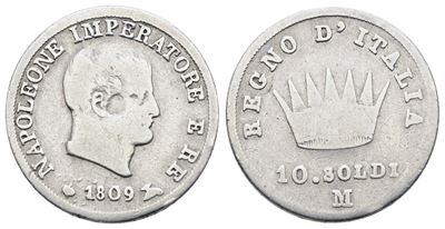 Napoleone I, 10 soldi del Regno d'Italia (1809), argento, 2,5g