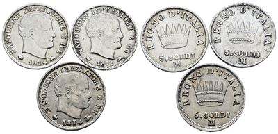 Milano, Regno d'Italia, Napoleone I (1805-1814), 5 soldi, lotto di 3 esemplari in argento