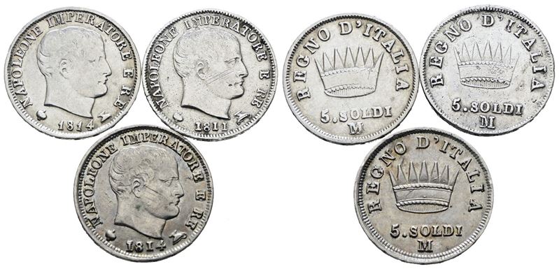 Milano, Regno d'Italia, Napoleone I (1805-1814), 5 soldi, lotto di 3 esemplari in argento