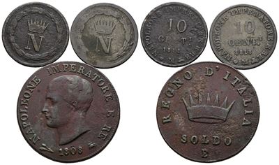 Monete italiane, Lotto di 3 monete: 10 centesimi e soldo, Regno d'Italia (1805-1814)