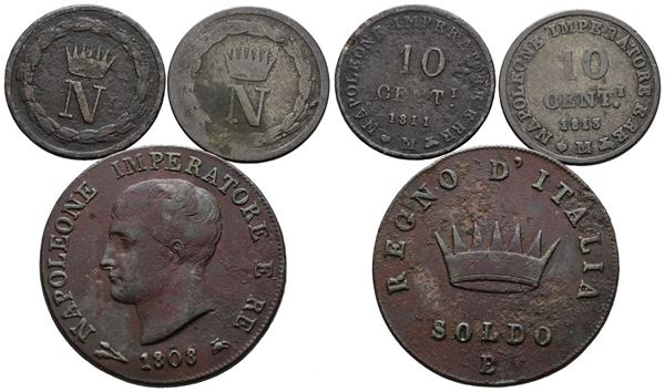 MILANO. Regno d'Italia. Napoleone I (1805-1814). Lotto di 3 monete; 10 centesimi; soldo; anni, metalli e conservazioni varie.