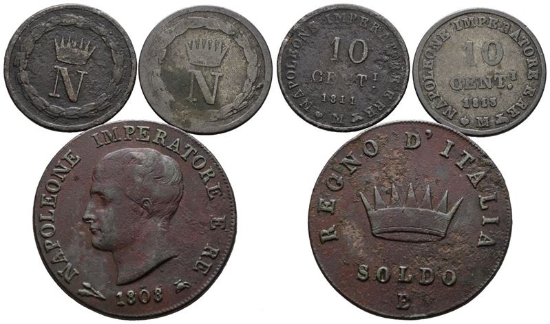 Monete italiane, Lotto di 3 monete: 10 centesimi e soldo, Regno d'Italia (1805-1814)