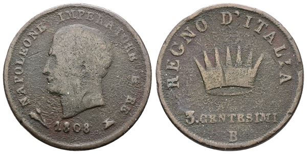 BOLOGNA. Regno d'Italia. Napoleone I (1805-1814). 3 centesimi 1808. Cu; 6,3gr; Gig.219; MB