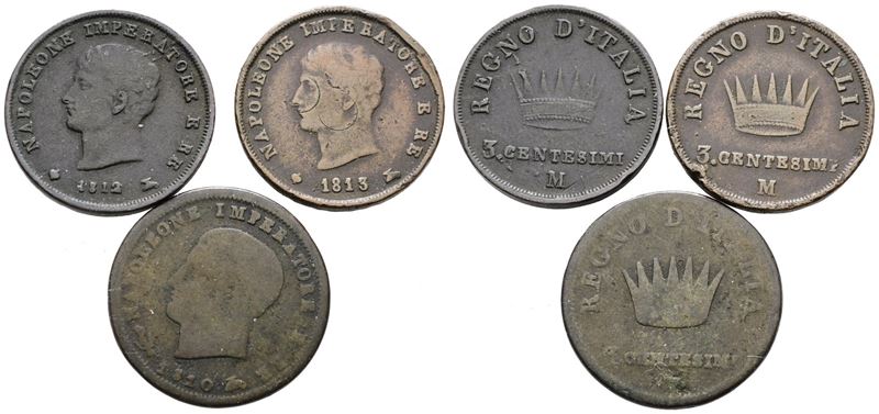 Milano, Regno d'Italia. Napoleone I (1805-1814), 3 centesimi, lotto di 3 esemplari