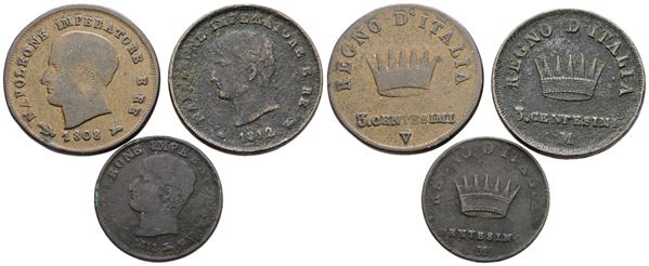 MILANO. Regno d'Italia. Napoleone I (1805-1814). Lotto di 3 esemplari da 3 centesimi e 1 centesimo. Date e conservazioni varie. Cu